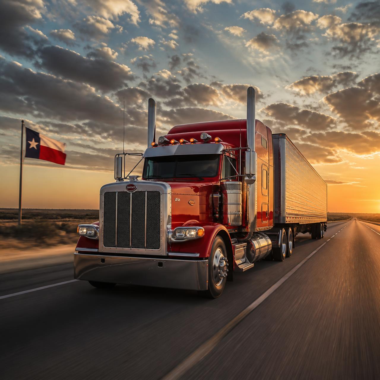 Red semi truck hauling a trailer on a South Texas highway at sunset