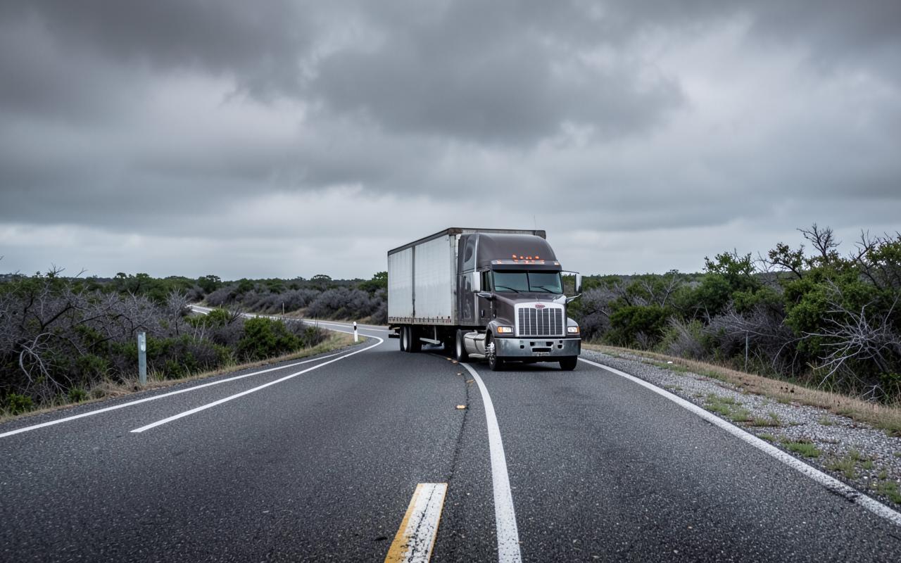 Semi truck traveling a South Texas highway under an overcast sky